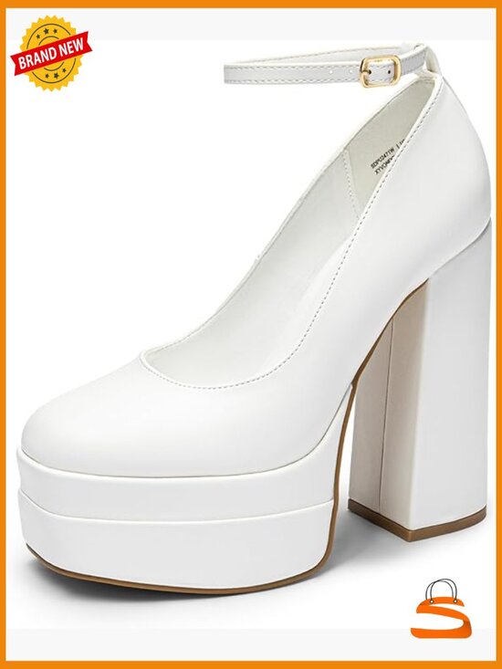 Shoes - Platform High Heels Chunky Block Pumps Square Toe Ankle Strap Dress Shoes